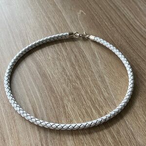 White Leather Braided Choker Necklace with 925 silver clasps